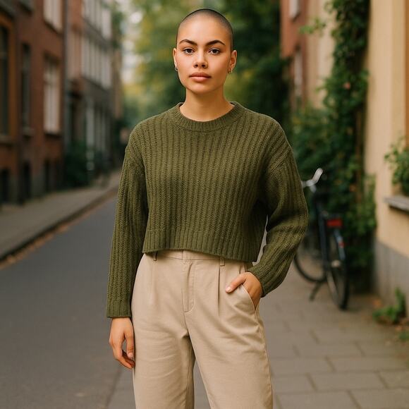 American Eagle Cropped Chunky Knit Dark Green Crew Neck Sweater Size Small - Picture 13 of 13